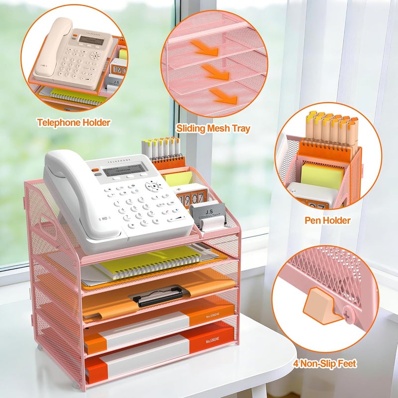 Docnest 5 Tier Metal Mesh Letter Tray - Space Saving Desk File Organizer with Handle, Pen Holder & Folder Holder - Desktop Document Sorter for Office, Home, School, Classroom - Pink - Image 4
